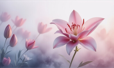 Fototapeta premium Soft pink lilies and tulips gently bloom in a serene and dreamy setting with a soft blurred background, creating a delicate floral composition.