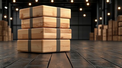Light Brown Wooden Blocks Stacked on Dark Floor in Warehouse