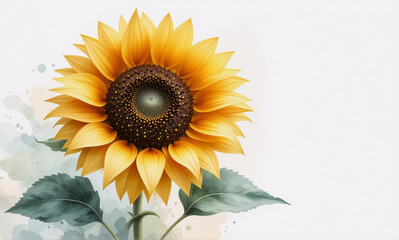 A bright yellow sunflower with a dark brown center and green leaves is depicted in a soft watercolor style against a simple white backdrop.