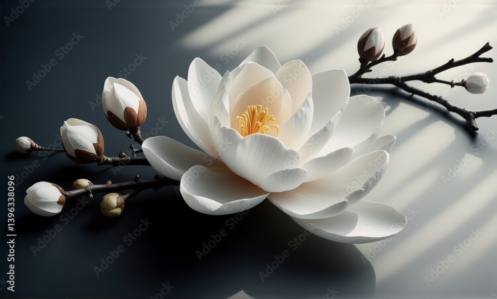 Poster elegant white flower in full bloom with buds on delicate branches, bathed in soft light casting subt