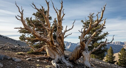 Bristlecone Pine In High Altitude Gnarled Trunk Shaped By Millennia Of Wind Surviving Needles On Weathered Branches