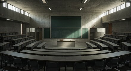 Brutalist University Lecture Hall Tiered Concrete Seating Facing A Chalk Dusted Blackboard Morning Light Through Slit Windows