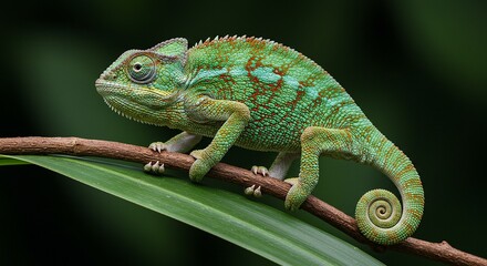 Chameleon Gripping Tropical Branch Independently Rotating Eyes And Coiled Tail Color Changing Skin Texture Visible