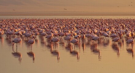 Flamingo Colony Wading In Alkaline Lake Pink Plumage Mirrored In Still Water Golden Sunrise Warming Horizon