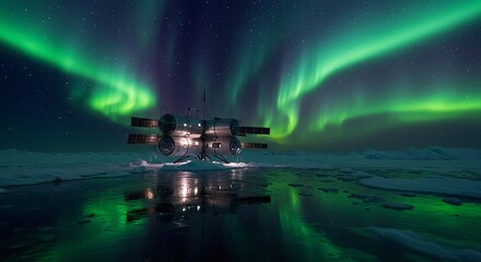 Floating Futuristic Research Station Modular Pods Connected By Transparent Tubes Aurora Borealis...