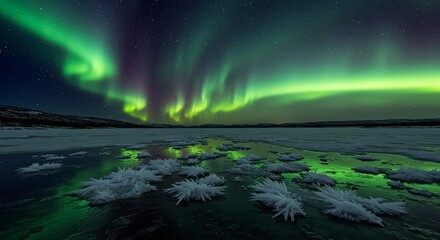 Frost Feathers Forming On Subarctic Lake Delicate Ice Crystals Growing Overnight Aurora Reflections In Dark Open Water