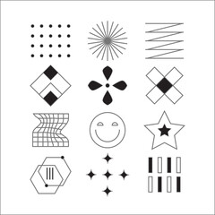 y2k ornament icon set for t-shirt design and graphic needs in black and white, vector format