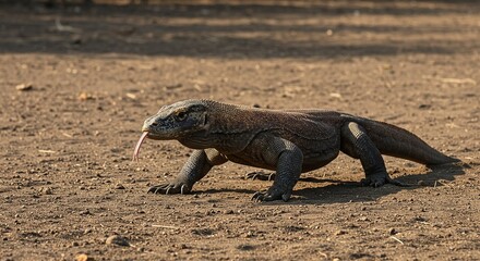 Komodo Dragon Crossing Volcanic Sand Forked Tongue Tasting Air Scales Textured Under Harsh Equatorial Light