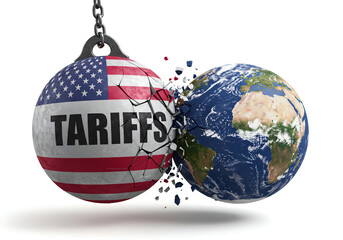 US Tariffs Crashing into the Global Economy Represented by a Wrecking Ball Hitting the Earth