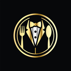 Restaurant logo design vector template. Luxury restaurant logotype. Tuxedo logo template vector illustration. Elegant elegant suit with bow tie and fork.
