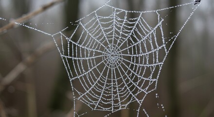 Morning Frost On Spiderwebs Crystalline Structures Magnified By Macro Lens Blurred Woodland Background