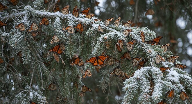 Monarch Butterflies Clustering On Oyamel Fir Branches Orange Wings Closed In Winter Hibernation Frost Crystals On Bark Textures