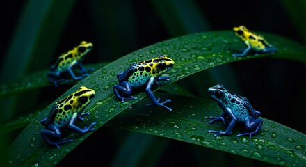 Poison Dart Frogs On Rainforest Leaves Neon Skin Patterns Glowing Against Dark Vegetation Water Droplets On Broad Tropical Plants