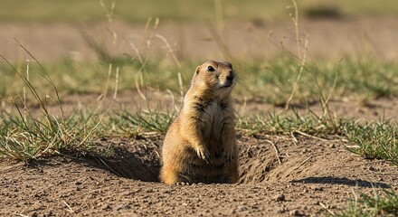 Prairie Dog Standing Alert At Burrow Entrance Sun Bleached Grass Surrounding Desert Colony Sharp Claws Gripping Dry Soil