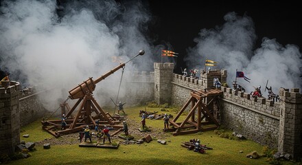 Scale Model Of Medieval Castle Siege Engine Wooden Trebuchet Mid Swing Battlefield Diorama With...