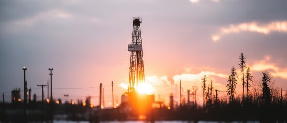 Obraz premium Oil Rig Sunset Energy Industry Petroleum Extraction Drilling Silhouette