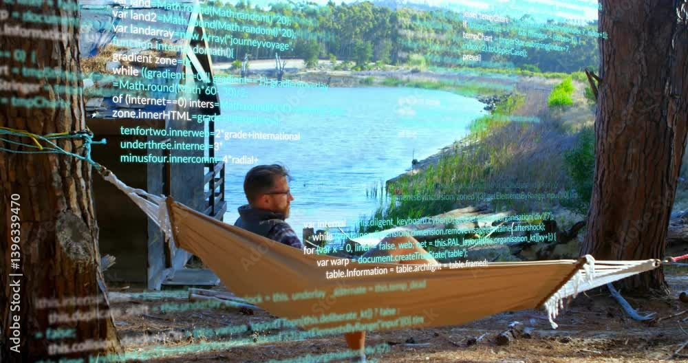 Poster man relaxing in hammock by lake with programming code overlay animation