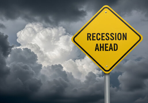 Symbolic Yellow Recession Warning Sign Under Storm Clouds Representing Economic Instability
