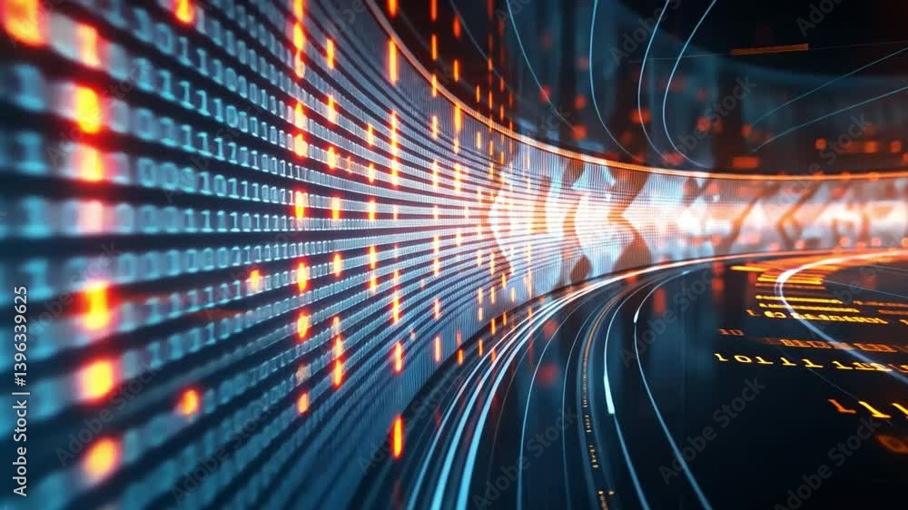 Poster dynamic digital background flowing binary code and data processing in vibrant landscape of modern te