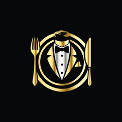 Restaurant logo design vector template. Luxury restaurant logotype. Tuxedo logo template vector illustration. Elegant elegant suit with bow tie and fork.
