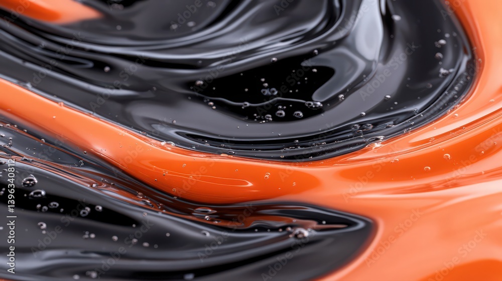 Poster abstract swirls of orange and black paint close up with bubbles create a dynamic texture and artisti