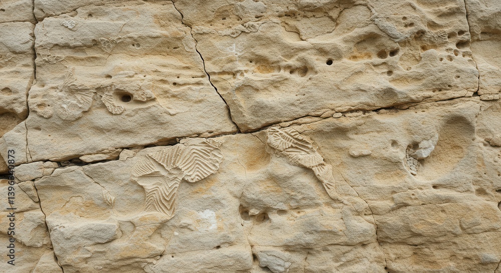 Poster fossilized coral imprints embedded within sandstone texture close up view