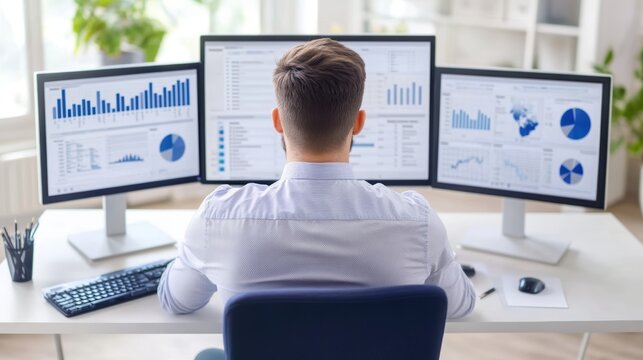 Analyst reviewing data on multiple monitors.