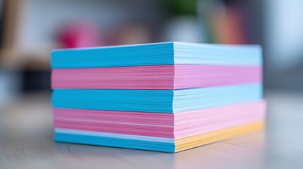 Colorful Stack of Paper Notebooks on Wooden Table Surface with Blurry Background