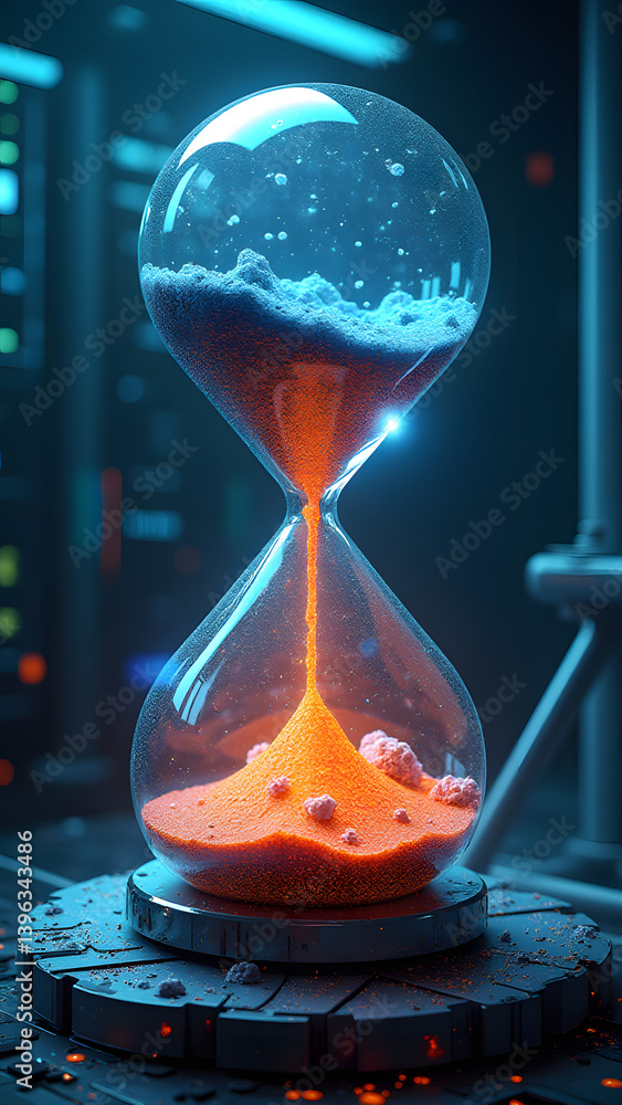 Poster biomechanical hourglass merges nanites and cryo-fluid. data streams freeze while circuits melt in 8k