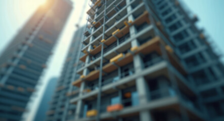 Sunlight illuminates a construction site where scaffolding are building modern skyscrapers, showcasing urban development and architectural progress. Blurred, defocused background with no people