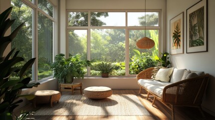 Fototapeta premium A sunlit room with plants and views of an outdoor garden