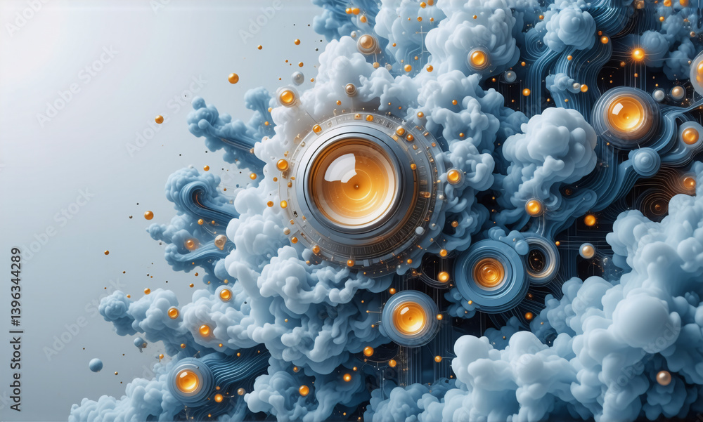 Poster abstract spheres with golden cores float amidst dreamy blue and white cloud-like forms. a soft, ethe
