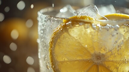 Close-up of a frozen lemon drink with ice cubes and sunlight.
