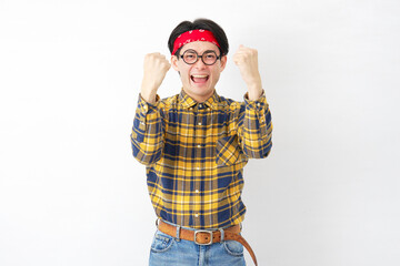 アキバ系の男性　ガッツポーズ　白背景　両手