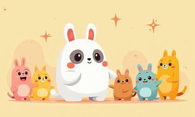Naklejka premium Cute Bunny & Friends Cartoon Illustration - Kawaii aesthetic