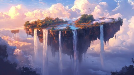 Floating island waterfalls fantasy landscape