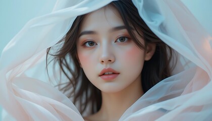 A serene close-up portrait of a young woman with soft makeup and dark hair, partially veiled in sheer, light-colored fabric, against a muted background.