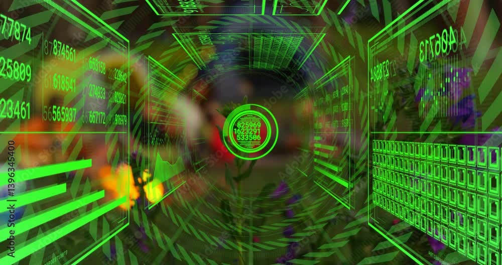 Poster green holographic data and numbers in futuristic digital animation interface