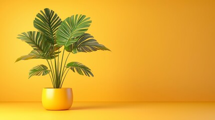 Obraz premium Lush Green Potted Plant Against Vibrant Yellow Background
