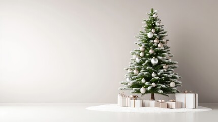Simple, elegant Christmas tree decorated with soft white ornaments and gifts