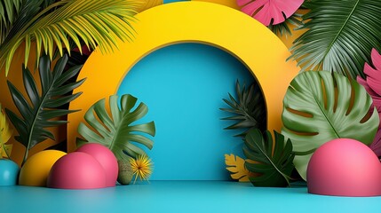 Lush Tropical Scene with Yellow and Pink Spheres and Monstera Leaves