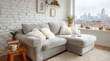 Obraz premium Cozy Grey Sectional Sofa in Modern Living Room with City View