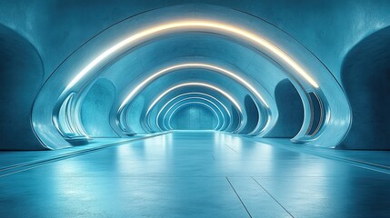 Obraz premium Futuristic blue tunnel, glowing arches, empty space, architectural render, sci-fi design