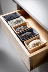 A close-up of a well-lit kitchen drawer displaying a selection of wild rice