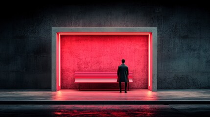 Obraz premium Man Waiting at a Pink Neon Bus Stop at Night