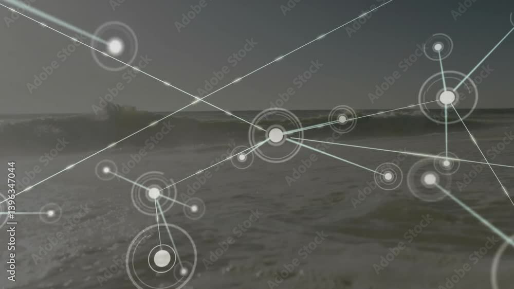 Poster network of connections and data processing animation over ocean waves