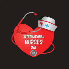 Flat style Nurses Day design with heart, nurse cap featuring blue cross, and stethoscope to show appreciation for healthcare workers