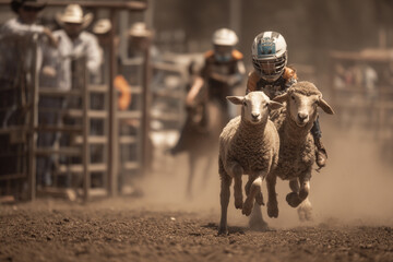 A playful and action-filled photo of young riders gripping sheep during a junior rodeo event, full of movement and fun.