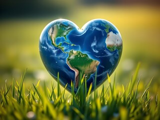 heart shaped planet earth in te grass
