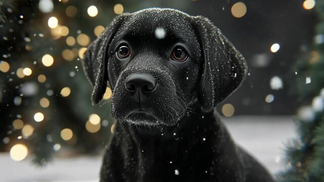 Black labrador puppy in the snow with festive lights during winter season